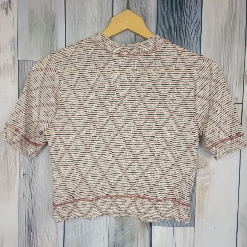 Free People Geometric Short Sleeve Mock Neck Crop Top Tan Red size Medium - Picture 6 of 7